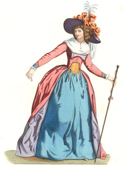 Francouzská žena v módě 18. století - Litografie podle ilustrace Edmonda Lechevallier-Chevignarda (1825-1902), z „Costumes historiques des 16th od Edmond Lechevallier Chevignard