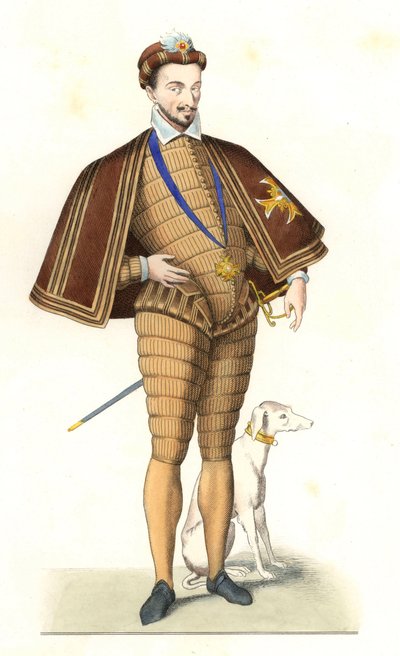 Francouzský král Jindřich III. (1551-1589), který nosí náhrdelník Řádu svatého Ducha - Litografie podle ilustrace Edmonda Lechevallier-Chevignarda (1825-1902), z „Costumes historiques des 16th od Edmond Lechevallier Chevignard