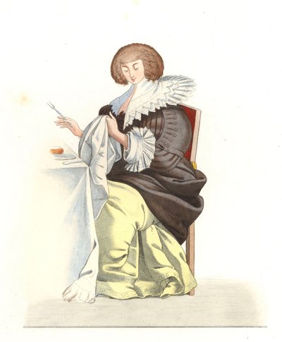 Žena francouzské šlechty 16. století, podle rytiny Abrahama Bosse (1602-1676) - Litografie z ilustrace Edmonda Lechevallier-Chevignarda (1825-1902), z „Costumes historiques des 16th od Edmond Lechevallier Chevignard