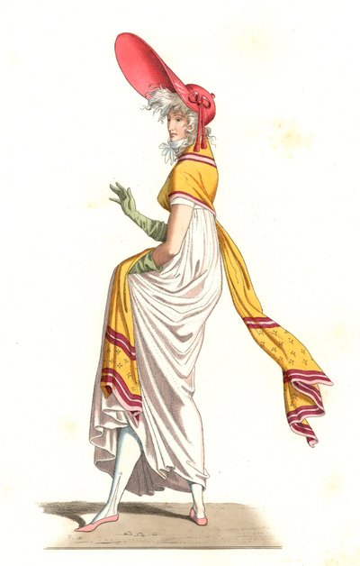 Mladá Francouzka oblečená v módě Wonderful z 18. století podle obrazu Carle Verneta (1758-1836) - Litografie podle ilustrace Edmonda Lechevallier-Chevignarda (1825-1902), z „Costumes historiques des 16th od Edmond Lechevallier Chevignard