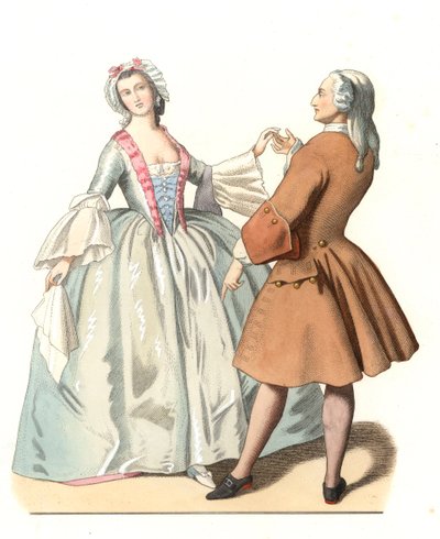 Taneční mistr a mladý Benátčan, taneční lecon v Itálii 18. století, podle obrazu Pietra Longhiho (1701-1785) - Litografie podle ilustrace Edmonda Lechevallier-Chevignarda (1825-1902), extrahovaná z „“Historických kostýmů 16 od Edmond Lechevallier Chevignard