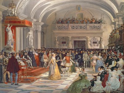 Svatba Henriho de Bourbon, krále Navarry, s Marguerite de Valois za přítomnosti Kateřiny Medicejské a Karla IX. v roce 1572, 1862 od Edmond Lechevallier Chevignard