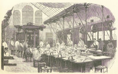 Stříbrníci při práci v továrně na příbory Christophle v Paříži, hospoda. 1875 (rytina) od Edmond Morin