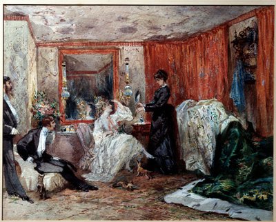 Divadelní komička Hortense Schneider (1833-1920), milenka Jacquese Offenbacha (1819-1890), představuje vlevo ve své šatně v Theater des varietes. Akvarel od Edmonda Morina (1824-1882) 1873 Compiegne, Hradní muzeum od Edmond Morin