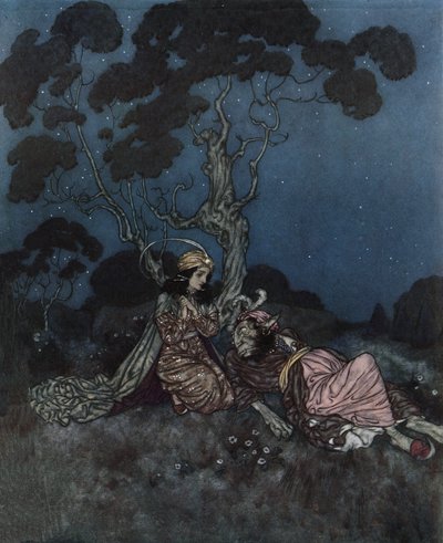 Kráska a zvíře: Kráska vyděšená Zvířetem leží v její blízkosti, asi 1910 (litografie) od Edmund Dulac