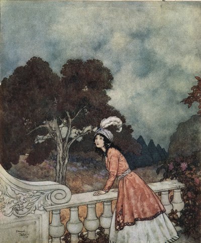 Modré vousy: Modrovousova mladá žena Fatima se ptá své sestry Anny, jestli vidí své bratry z věže, asi 1910 (litografie) od Edmund Dulac