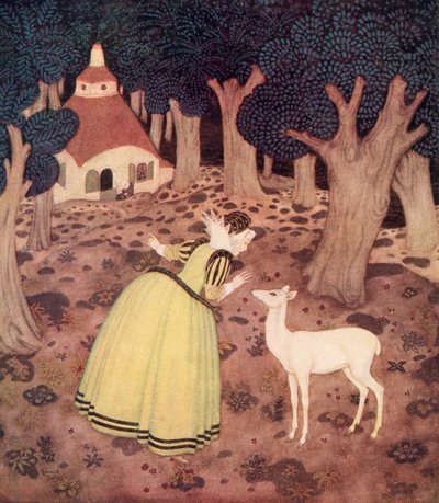 "Giroflee poděkovala víle a odešla daleko do lesa; a tam, pravda, uviděla chýši a starou ženu, jak sedí venku", ilustrace z francouzské pohádky Lesní víla z knihy Edmunda Dulaca Pohádky: Dulacova kniha pohádek spojeneckých národů, od Edmund Dulac