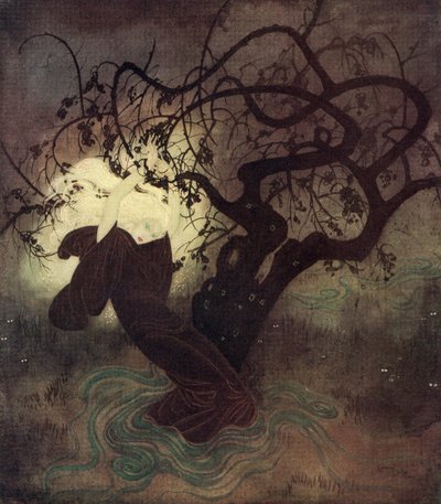 "V jejím zběsilém zápase jí z oslnivých zlatých vlasů spadla kapuce pláště a celý prostor se okamžitě zalil světlem." Ilustrace z anglické pohádky Pohřbený měsíc z knihy Edmunda Dulaca Pohádky: Dulacova pohádka z knihy Dulacova pohádka z roku 1903, kterou  od Edmund Dulac