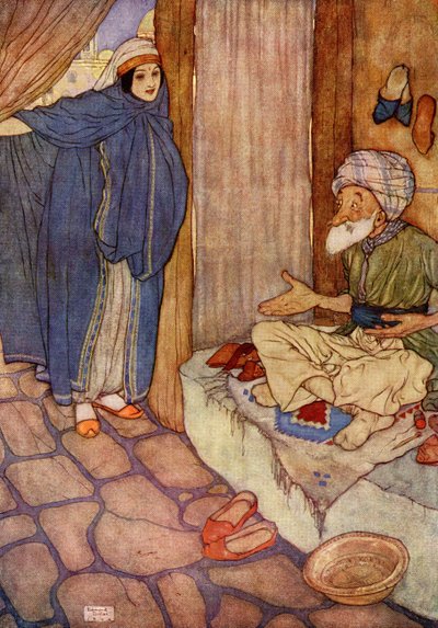 Mustafa velmi pochyboval o své schopnosti zdržet se otázek, ilustrace z knihy "Ali Baba a čtyřicet loupežníků". od Edmund Dulac
