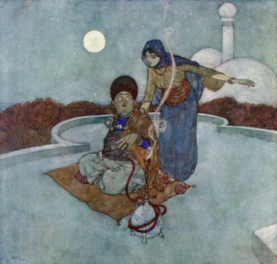 Zvolala: "Ó nešťastný muži, jaká je to žalostná hlídka, kterou jsi držel.", ilustrace z "Příběhu kouzelného koně". od Edmund Dulac