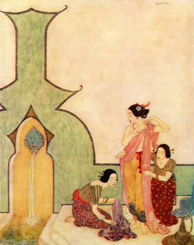 Paní z Bedr-el-buduru přichází do lázní, ilustrace z knihy "Aladin a zázračná lampa od Edmund Dulac