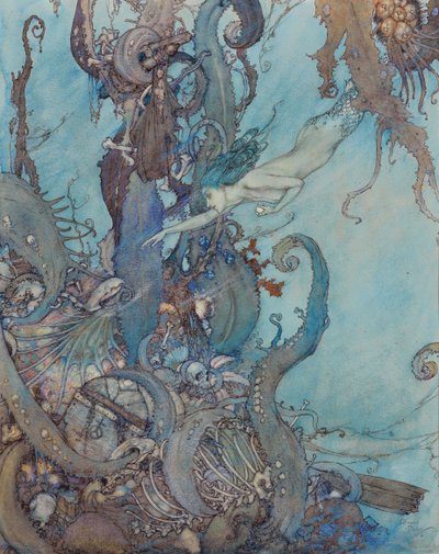 Malá mořská víla: "Při pouhém pohledu na zářivou kapalinu se zděšeně stáhli". od Edmund Dulac