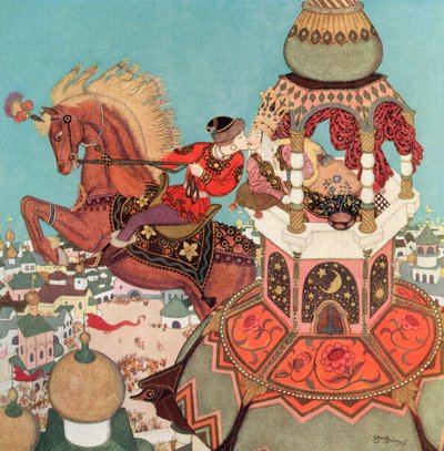 "Kaštanový kůň jako by se zdržel ve vzduchu na vrcholu svého skoku, zatímco ten polibek trval", ilustrace z ruské pohádky Ivan a kaštanový kůň z knihy Edmunda Dulaca Pohádky: Dulacova kniha pohádek, vydaná v roce 1916. od Edmund Dulac