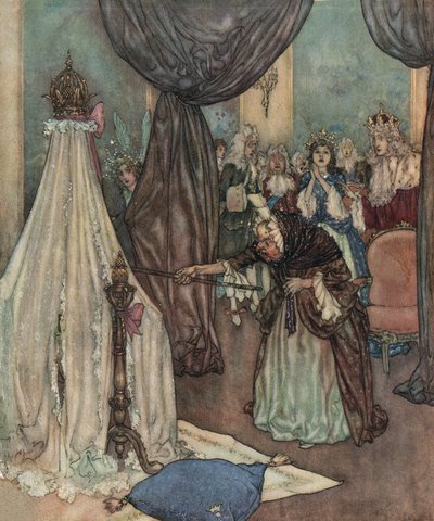 Spící krasavice: starý poplatník se sklání nad postýlkou princezny a proklíná ji, asi 1910 (litografie) od Edmund Dulac