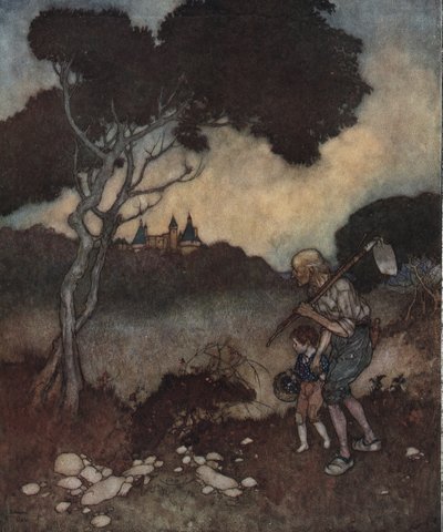 Šípková Růženka: nad stromy se objevují věže princeznina hradu. od Edmund Dulac