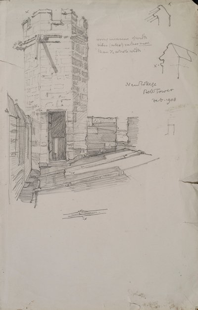 Náčrt zvonice na New College s detailem olověné střechy, 1908, tužka na papíře od Edmund Hort New