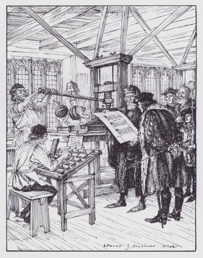 William Caxton ve své tiskárně (litho) od Edmund Joseph (after) Sullivan