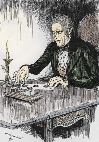 Dr jekyll uzavírá dopis, kde se přiznává, že je vrahem pan Hyde, Ilustrace Edmunda Josepha Sullivana (1869-1933) k románu L