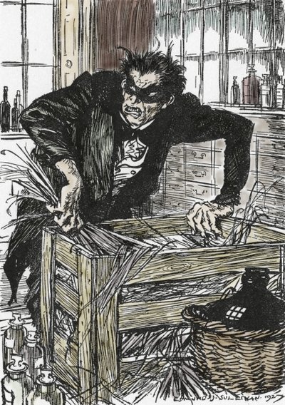 Doktor jekyll zoufale hledá prášky, které mu dovolují ztrapnit jeho postavu pana Hyda, Ilustrace Edmunda Josepha Sullivana (1869-1933) k románu L