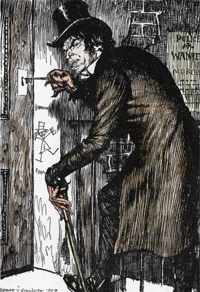 Pan Hyde se po noci plné dobrodružství vrací domů, aby si vzal protijed a znovu se objevil Dr. Jekyll, Ilustrace Edmunda Josepha Sullivana (1869-1933) k románu L