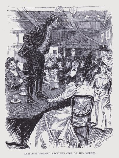 Bohémská Paříž: Aristide Bruant recituje jeden ze svých veršů (litografie) od Edouard Alfred (1875 1954) Cucuel