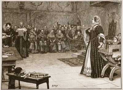 Proces s Mary Queen of Scots v zámku Fotheringhay, ilustrace z „Cassell