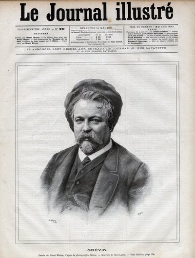 Alfred Grevin (1827-1892) sochař, karikaturista, karikaturista, karikaturista a návrhář francouzských divadelních kostýmů - rytina Navellier podle Nadarovy fotografie v „The Illustrous Journal“ z roku 1892 od Edouard Felicien Eugene Navellier