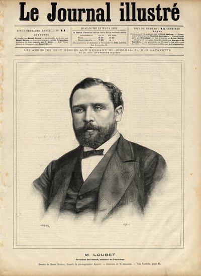 Emile Loubet (1836-1929) v roce 1892 (předseda rady - ministr vnitra) Rytina Navellier v „The Illustrous Journal“ z roku 1892 od Edouard Felicien Eugene Navellier