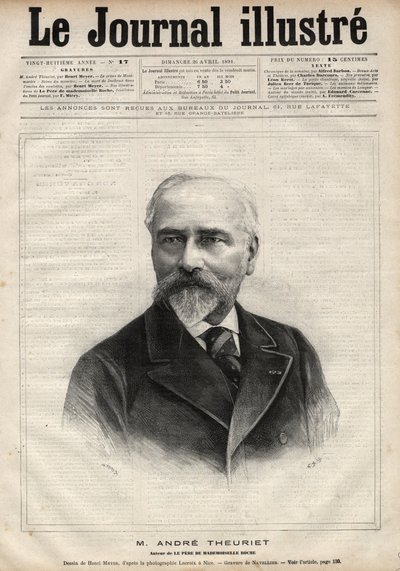 Portrét Andreho Theurieta (1833-1907), francouzského romanopisce, básníka a akademika - rytina Navelliera v „Le journal illustrious““ z roku 1891 od Edouard Felicien Eugene Navellier