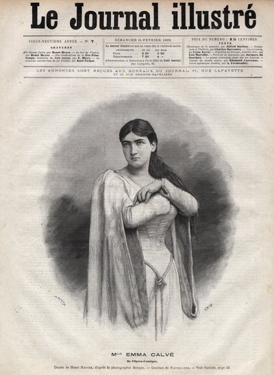 Portrét Emmy Calve (Rosa Noemie Emma Calvet de Roquet, dit) (1858-1942), francouzská sopranistka - rytina Navellier v „The Illustrous Journal“ z roku 1892 od Edouard Felicien Eugene Navellier