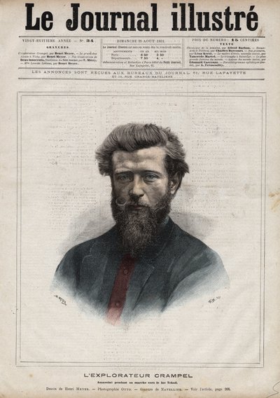 Portrét Paula Crampela (1864-1891), francouzského průzkumníka střední Afriky - rytina Navelliera v „The Illustrous Diary““ z roku 1891 od Edouard Felicien Eugene Navellier