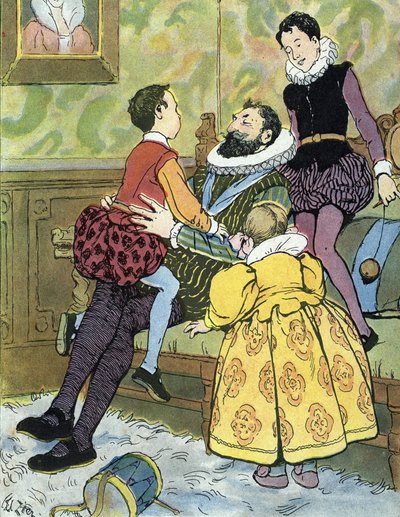 Francouzský král Jindřich IV. si hraje se svými dětmi (1553-1610) Ilustrace Edouard Zier v „Nos-Gloriers-Nationales““ 1920 Collection privee od Edouard Francois Zier