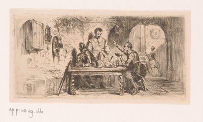 Tři vojáci u stolu na nádvoří, jeden z nich čte z knihy od Edouard Hamman