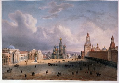 Pohled na Rudé náměstí v Moskvě (Rusko). Dílo Edouarda Jeana Marie Hosteina (1804-1889), litografie kolorovaná akvarelem, cca 1830, francouzské umění 19. století. A. Pushkin Memorial Museum, Petrohrad. od Edouard Jean Marie Hostein