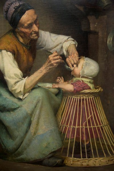 Stará žena krmí svou vnučku drženou v proutěném chodítku, Edouard Jerome Paupion od Edouard Jerome Paupion