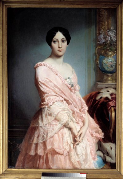 Portrét Madame F. Obraz od Edouarda Dubufeho (1820-1883). 19. století. Ztlumit. 1,3x0,89m. Paříž, Musee d