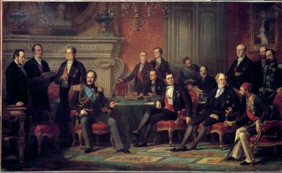 Pařížský kongres od 25. února do 30. března 1856 se na konci krymské války sešel Napoleonem III. s ministry zahraničí evropských států. Obraz Edouard Louis Dubufe (1820-1883). Slunce 1856. 3,08 x 5,10 m od Edouard Louis Dubufe