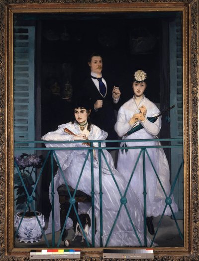 Balkon Dvě mladé ženy držící vějíř a deštník a muž s kravatou. Portrét Berthe Morisot (1841-1895), francouzské malířky, Fanny Claus (1846-1877), houslistky, Antoine Guillemet (1841-1918), krajináře a pozadí Leon Leenhoff. Malba Edoua od Édouard Manet