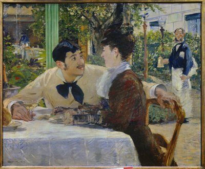 Otec Lathuille. Venku Pár popíjející sklenku šampaňského na terase venkovní restaurace poblíž Place de Clichy v Paříži (Montmartre). Obraz Edouarda Maneta (1832-1883) 1879 Tournai. Muzeum výtvarných umění od Édouard Manet