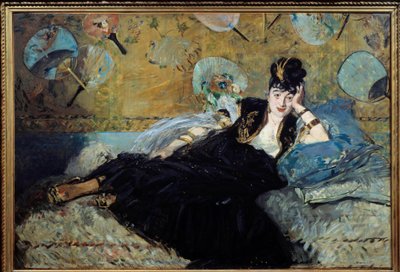 La dame aux eventails ou “” Portrait de Nina de Callias (1844-1884) ou Nina de Villard”” Na konci 19. století vedla velmi slavný salon. Obraz Edouarda Maneta (1832-1883) 1873 Ne. 1,13x1,66 m Paříž, musee d