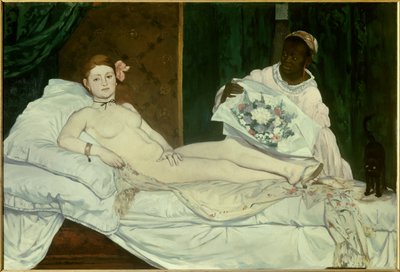 Olympia Mladá žena nahá na posteli se svou černou služebnou, která jí přináší kytici květin. Obraz Edouarda Maneta (1832-1883) 1863 Ne. 1,3x1,9 m Paříž, musee d