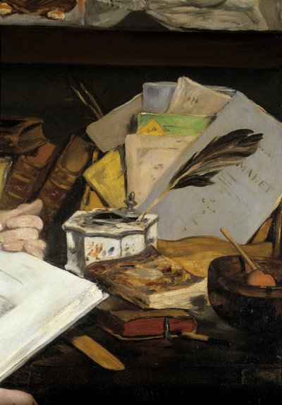 Portrét Emile Zoly, detail. Inkoust s perem a knihami včetně „Manetu“. Obraz Edouarda Maneta (1832-1883) 1868 Paříž, Musee d