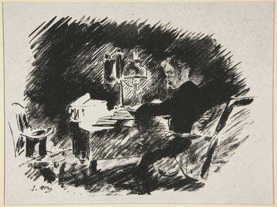 Pod lampou, první ilustrace Mallarmého překladu Poeova „Havrana“ od Édouard Manet
