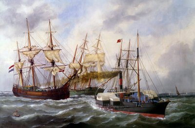 Dva přívěsy se třemi rohožemi od Le Neptune au Havre v roce 1882 Malba Edouarda Adama (1847-1929) 1882 Paříž, Musee de la Marine od Edouard Marie Adam