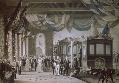 Královna Viktorie (1819-1901) a princ Albert (1819-61) přijíždějící na Gosport Station, Hampshire, vyryto Bayot & Cuvilier, 1846 od Edouard Pingret