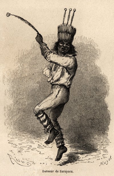 Tanečnice v Sarayacu (Peru), kresba Riou, k ilustraci cesty Paula Marcoye z Tichého oceánu do Atlantského oceánu v letech 1848 až 1860. Rytina v „“Le tour du monde“, editoval Edouard Charton od Edouard Riou