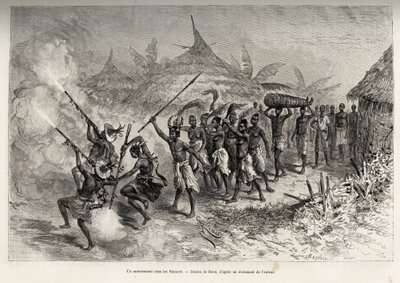 Pohřeb v Siene-re (Siene Re), ve Fourou (Mali), průvod funebre přešel vesnici, vedený ozbrojenými muži z rodiny zesnulého, následoval ženy s kravskými ohony a tělo zesnulého, svázané v rohož. Rytina Riou, k ilustraci od Edouard Riou