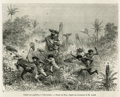 Gang dětí lovil motýly, doprovázený autorem, Villavicensio (Kolumbie), kresba Riou, pro ilustraci příběhu Equinoxiale America (Kolumbie, Ekvádor, Peru), v letech 1875-1876, od Ed. andre, cestovatel pověřený misí F od Edouard Riou