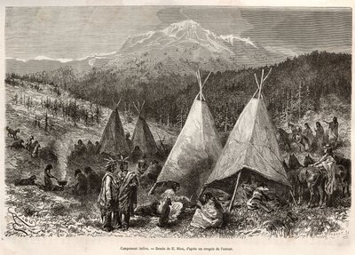 Indiánský tábor na území Utahu na březích Riviere Verte. Rytina podle kresby E.Riou pro ilustraci příběhu La conquete blanche, od Williama Hepwortha Dixona, v roce 1875, publikovaná v „“Le tour du monde“““ 1876, editoval Edouard Charto od Edouard Riou