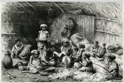 Odpoledne u oblíbeného šejka z Gobronů, ženské aktivity: vyšívání a předení vlny, proutí a keramika. Rytina od Riou pro ilustraci příběhu „“ Voyage chez les Benadir, les somalis et les Bayoun“ v letech 1882-1883 od Georgese Rev. od Edouard Riou